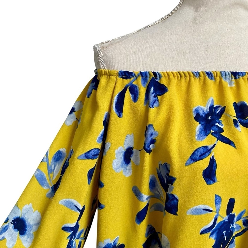 Elizabeth & James Floral Off Shoulder Blouse M Yellow Blue Bell Sleeve Boho Top - Picture 6 of 15